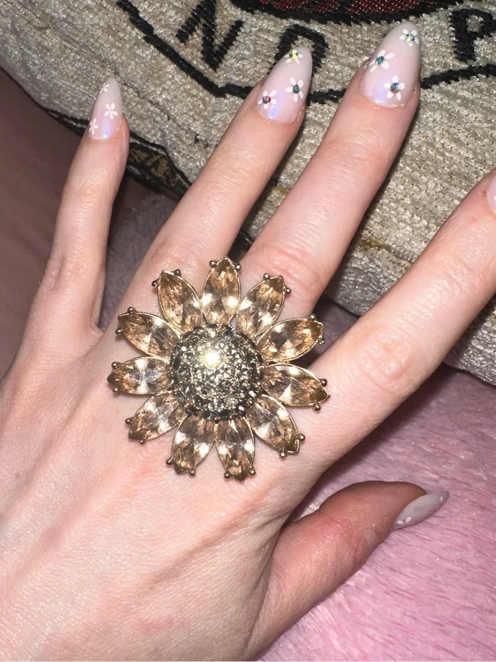 Sparkly Sunflower Rhinestone Cocktail Ring